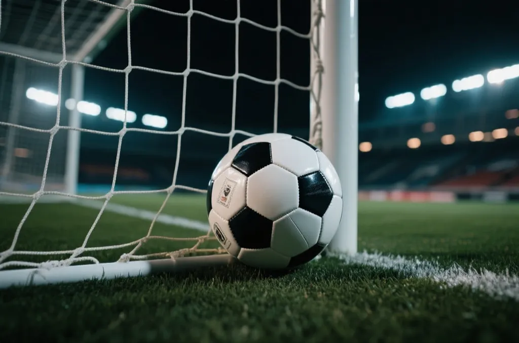 a professional football resting in the corner of the goal net